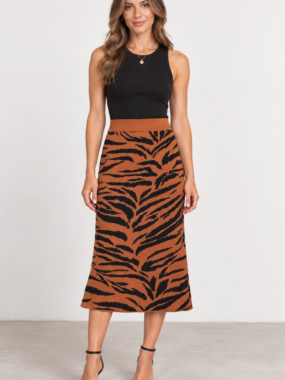 The Drop Tiger Print Knit Midi Skirt Rust Black Cotton Size M